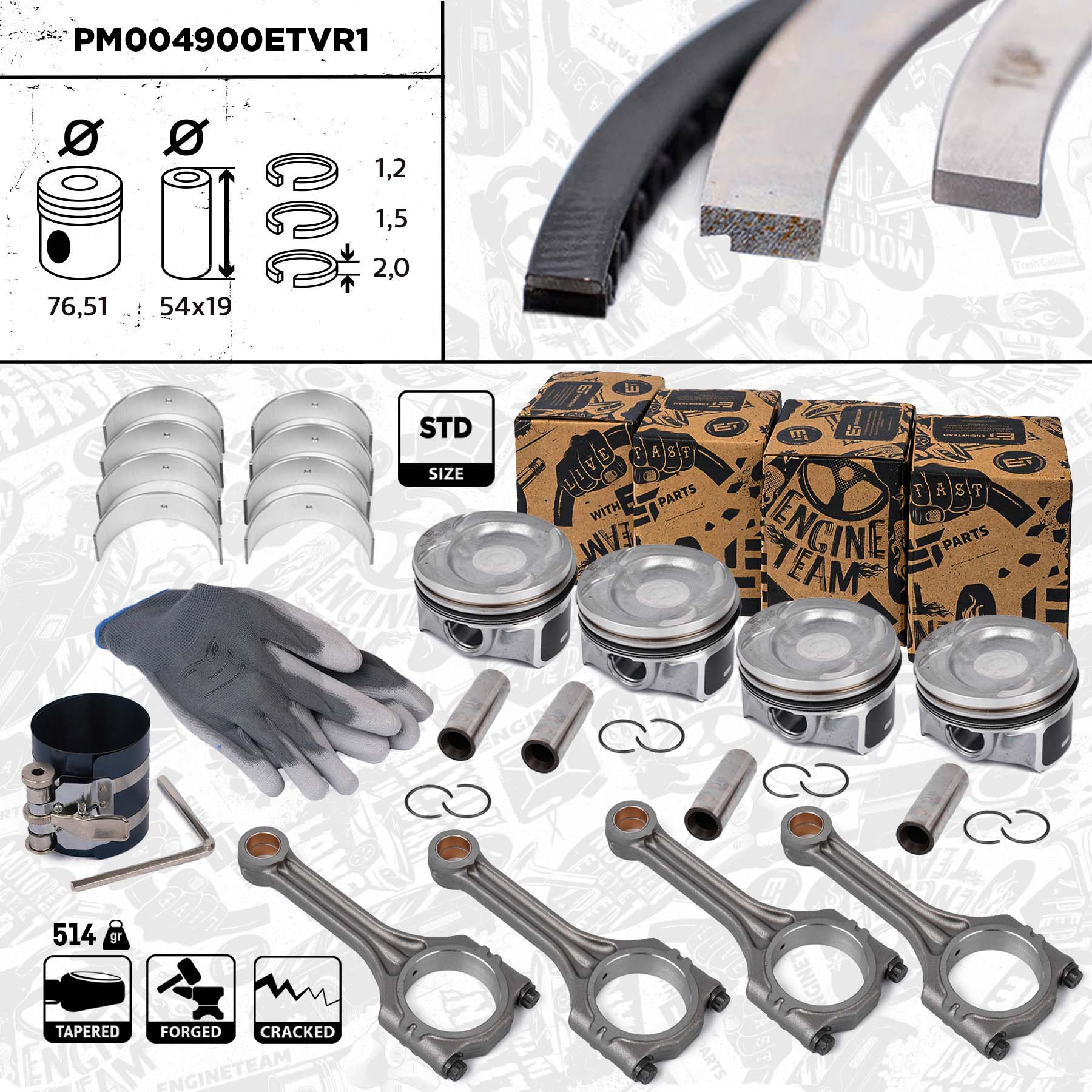 Piston Set Conrods - PM004800ETVR2 ET - 03C107065AP, 03C198401A, 03C198401D | ET