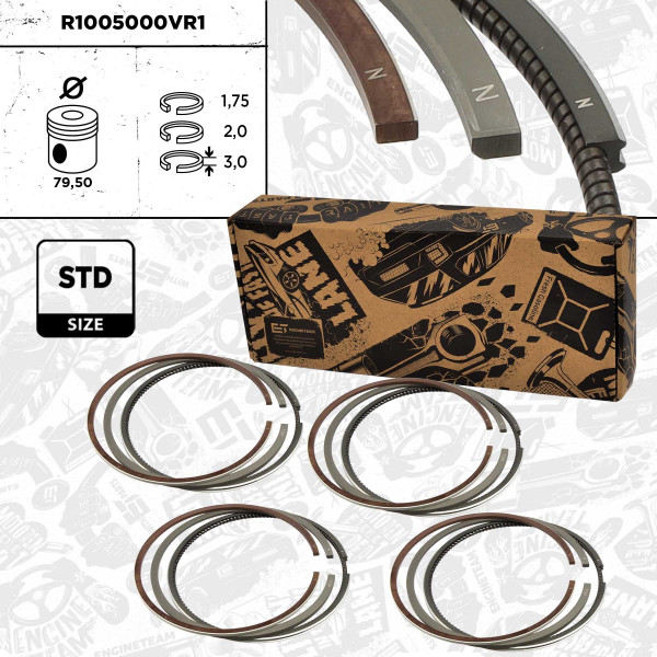 R1005000VR1, 4x Piston Ring Kit, ET ENGINETEAM, Skoda VW Audi Seat 1,9D/TDI/SDI 1985-2009, 028198151, 028198151B, 028198151A, 033198151, 03020N0, 08-114900-00, 800000810000, 9-5045-00, 03055V0, 08-990100-00, 800051610000, 9-5048-00, 800051640000