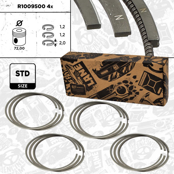 R1009500VR1, 4x Sada pístních kroužků, Sada píst.kr.(4) - repair kit 1,4i/CNG, ET ENGINETEAM, Abarth Alfa Romeo Giulietta Mito Fiat Bravo Punto Lancia Delta Opel Combo 1,4i 1,4CNG 198A1.000 198A4.000 198A7.000 312A1.000 312A3.000 A14FC, 71753734, 08-438300-00, 800116910000
