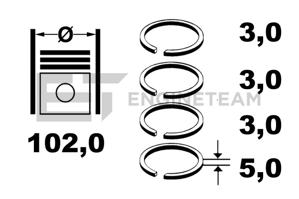 R1011000, Piston Ring Kit, Piston rings - 1 piston set, ET ENGINETEAM, Zetor 102,00 Sada píst.kr.(1) /4kr., 50110096, 5011, 5011-0096, 69010376, 69010380, 69010381, 50010692(1)T, 59511N0, 800029110000, 800029140000